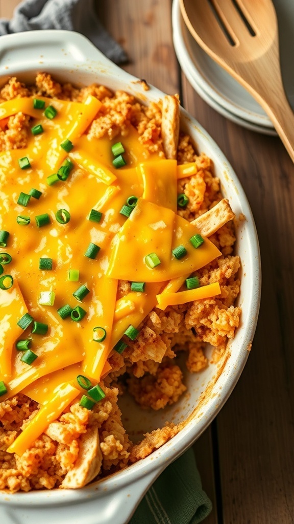 Simple 3-Ingredient Hashbrown Casserole A baked hashbrown casserole with melted cheese, garnished with green onions, in a rustic kitchen.